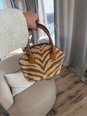 Woven Zebra-Print Tote Bag with Tan Leather Handles